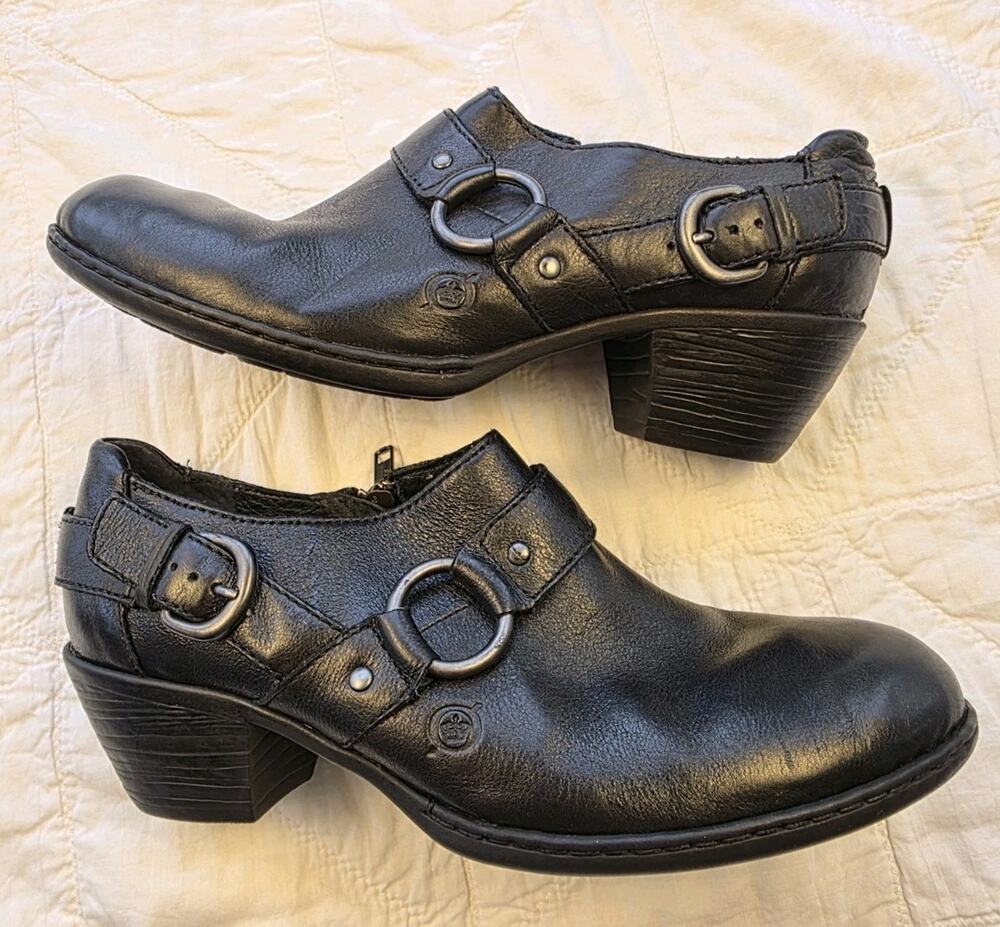 Born Zowy Women's Size 8 Ankle Boots Black Leather Harness Buckle Side Zip Heel